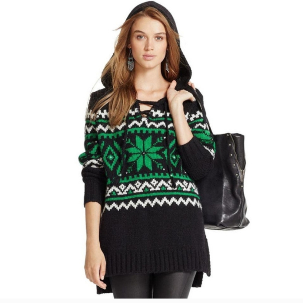 Polo Ralph Lauren Black & Green Nordic Hooded Wool  AlpacaTunic Sweater Size M
